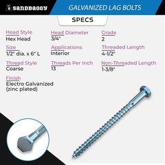 Sandbaggy 1/2″ x 6″ Galvanized Lag Bolts (Zinc Plated) – Hex Head Wood Screws