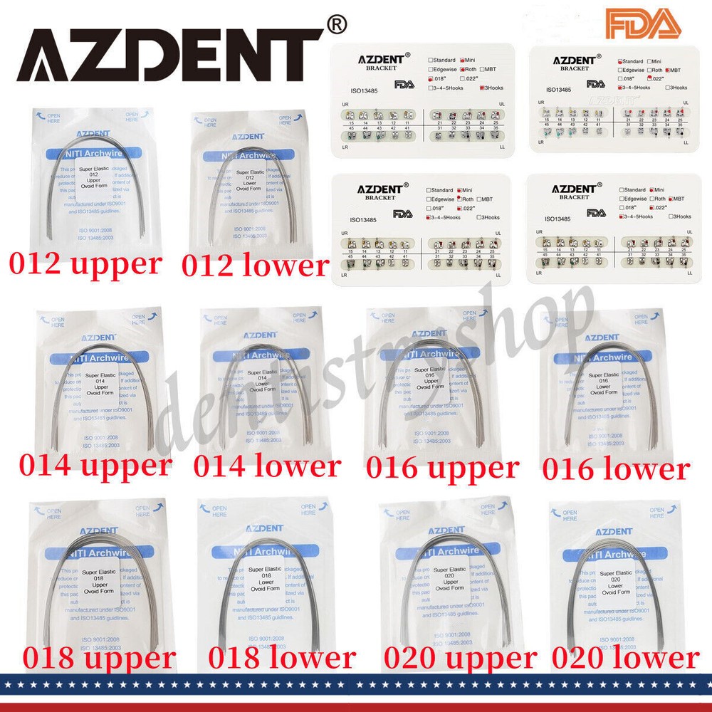 10X AZDENT Ortho Metal Bracket Braces MBT/Roth Hooks 3/345/Round Niti Arch Wires