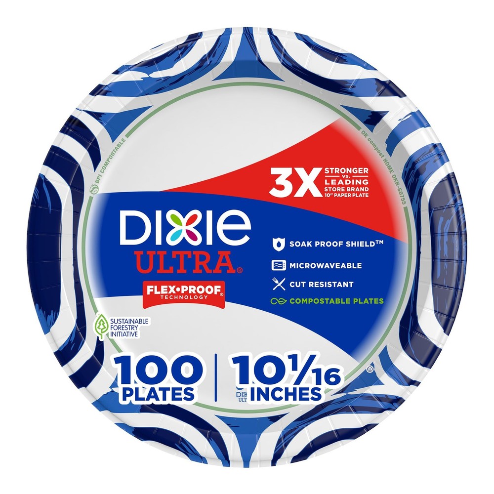 Dixie Ultra, Large Paper Plates, 10 Inch, 100 Count (Pack of 1, White/Indigo