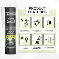 Adhesive Guru AG340 Clear Silicone Sealant (12×10.14 fl oz), 100% Silicone Caulk