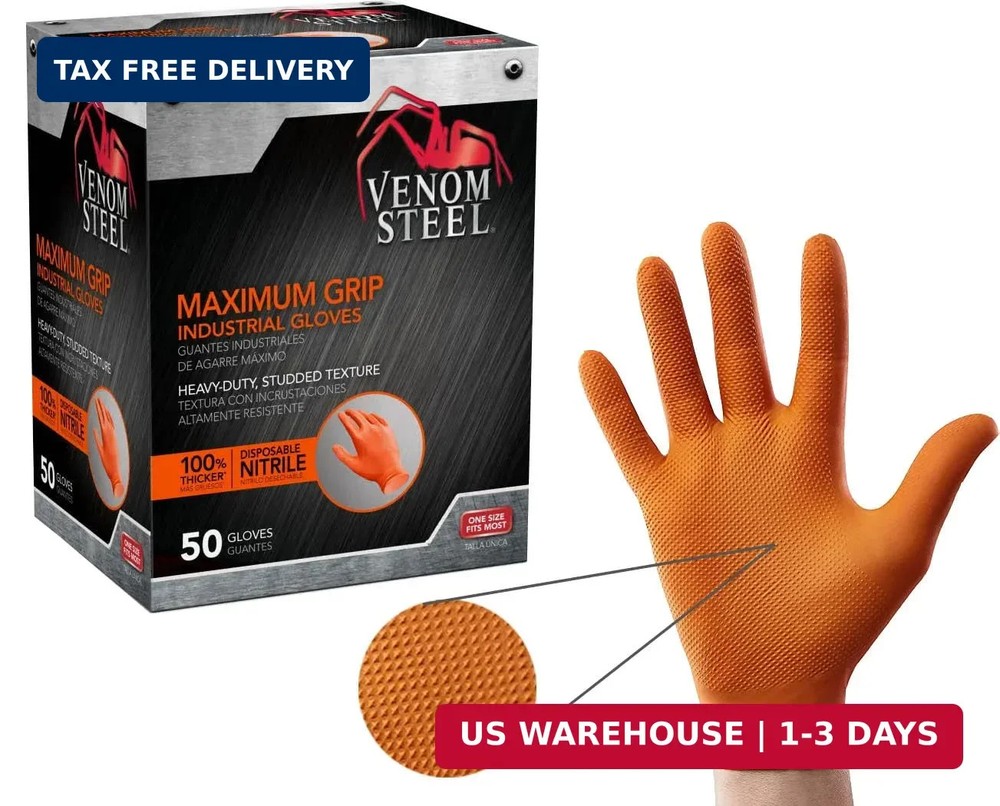 Venom Steel Orange Nitrile Gloves, 8 mil Thick, One Size (Pack of 50),