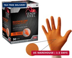 Venom Steel Orange Nitrile Gloves, 8 mil Thick, One Size (Pack of 50),