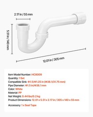 VEVOR P-Trap White Plastic P-Trap 1-1/2 in Kitchen Bathroom Sink Drain Plumbing