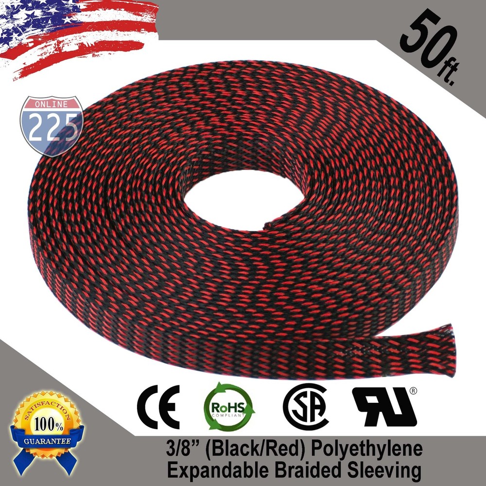 50 FT 3/8″ Black Red Expandable Wire Sleeving Sheathing Braided Loom Tubing US