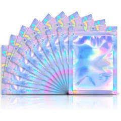 100x Holographic Mylar Foil Bag Resealable Ziplock Pouch Packaging Clear Front