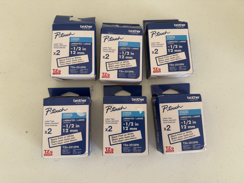 Genuine Brother (6) TZe-2312PK Black on White 1/2 Inch (12 Tapes- Open Box)