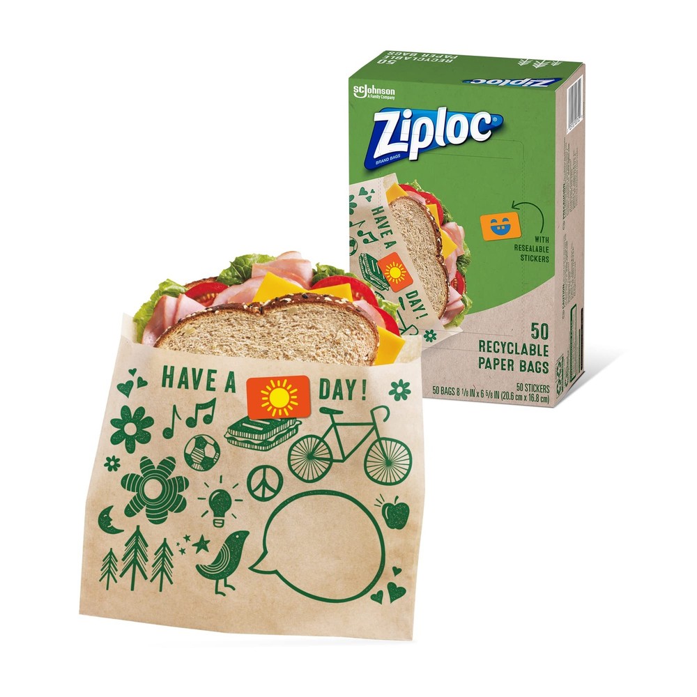 Ziploc Paper Sandwich and Snack Bags, Recyclable 50 Count (Pack of 1), Brown