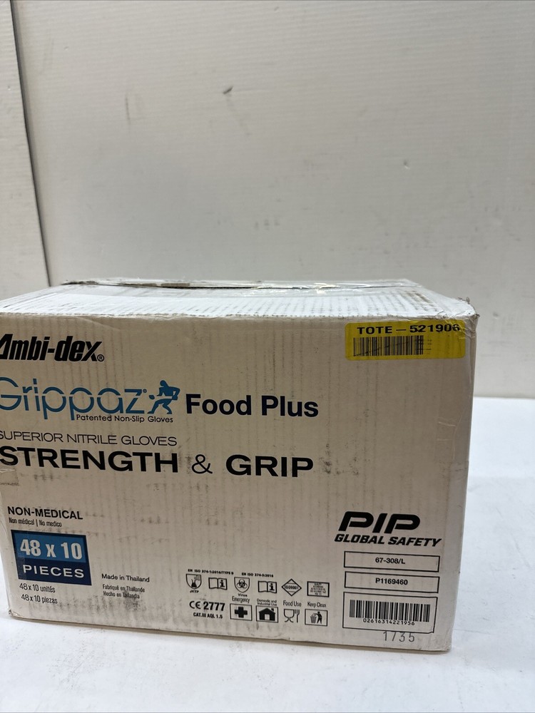 Pip 67-308/L Grippaz Food Plus, Nitrile Disposable Gloves, 8 Mil Palm 480 PK