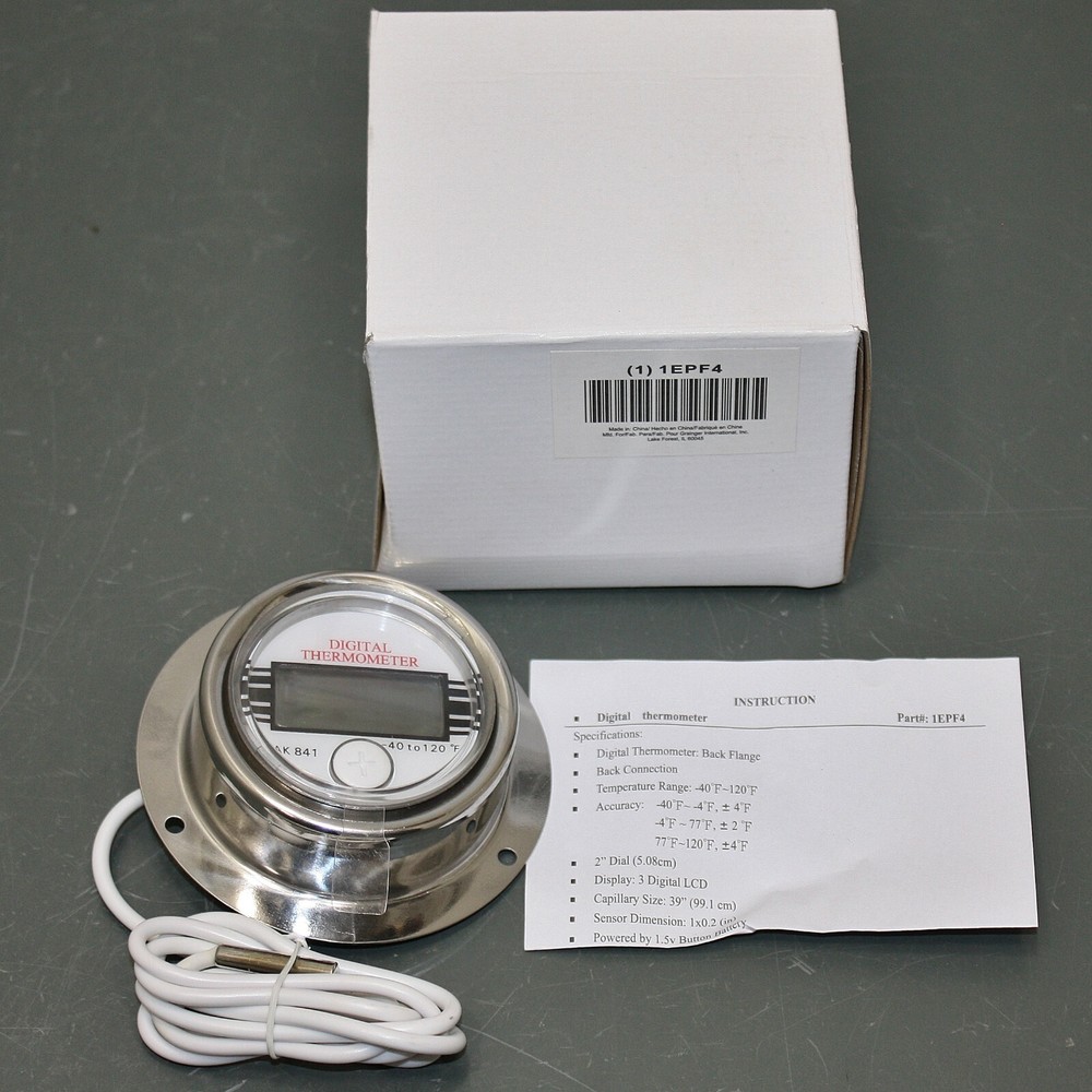 Digital Panel Mount Thermometer 1EPF4, 2″ Gauge, 39″ RTD Probe, -40° to 120° F