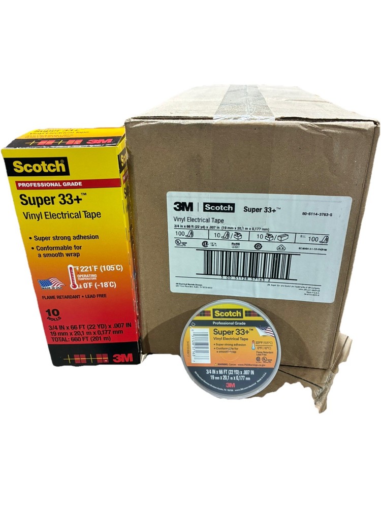Case of 100 Rolls Scotch 3M Super 33+ 3/4″ X 66′ Black Tape