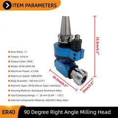 Single Angle Milling Head BT40-90 Degree-ER40 Side Head for CNC Machining Center