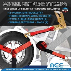 USA 4 Pack 2″ x 10′ Side Mount Wheel Net Tie Down Kit w/Wire J Hook Auto Hauler