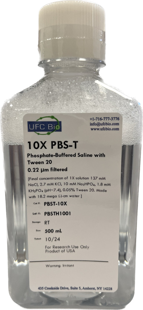 10X PBS-T (PBS with Tween 20), pH 7.4 – Sterile, 0.22um Filtered – 500 mL