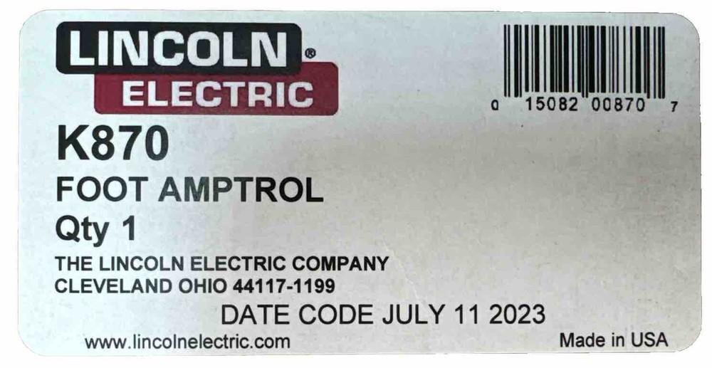 Lincoln Electric K870 Foot Amptrol, 6 Pin. WELDING AMPTROL. 25FT (7.6M).