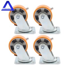4″ Side Brake Polyurethane Plate Casters, 3200 Pounds, Silver + Qrange, 4 Pieces