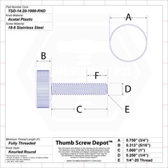 1/4″-20 x 1″ Thumb Screw Stainless Steel – Black Round Knurled Knob – USA