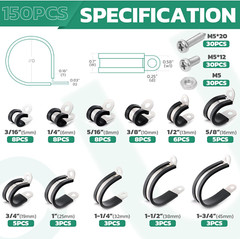 150PCS Cable Clamps with Screws Assortment Kit 11 Sizes Stainless Steel Rubber C