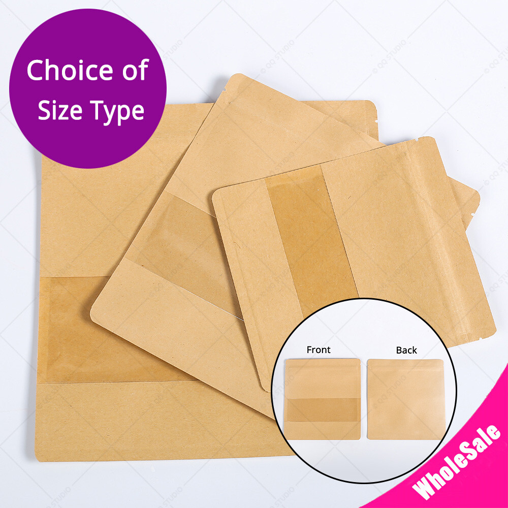 Assorted Sizes Kraft Paper Mylar Flat Zip Lock Bag w/ Clear Rectangle Window K05