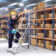 6 Step Rolling Ladder for Industrial & Warehouse w/ Handrails & 4 Lockable Wheel