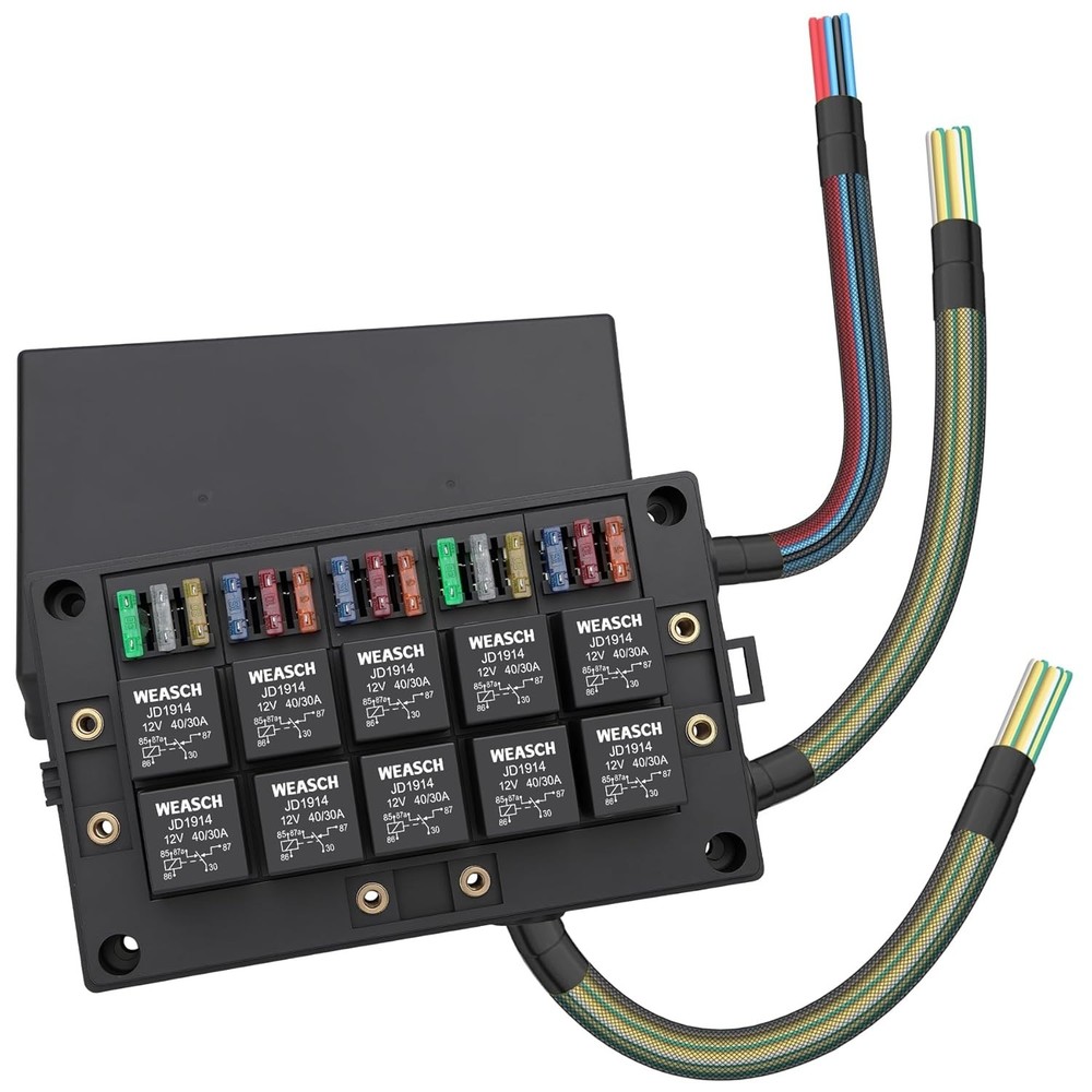 12V Automotive Fuse and Relay Box, with 12 AWG Pre-Wired, 10 Relays and 15 ATC/A