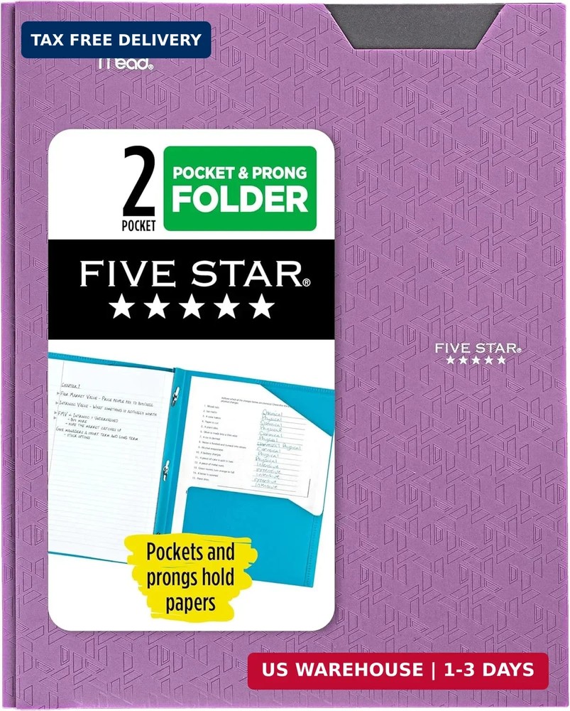 Five Star 2-Pocket Folder, Plastic Folder with Stay-Put Tabs and Prong Fasteners