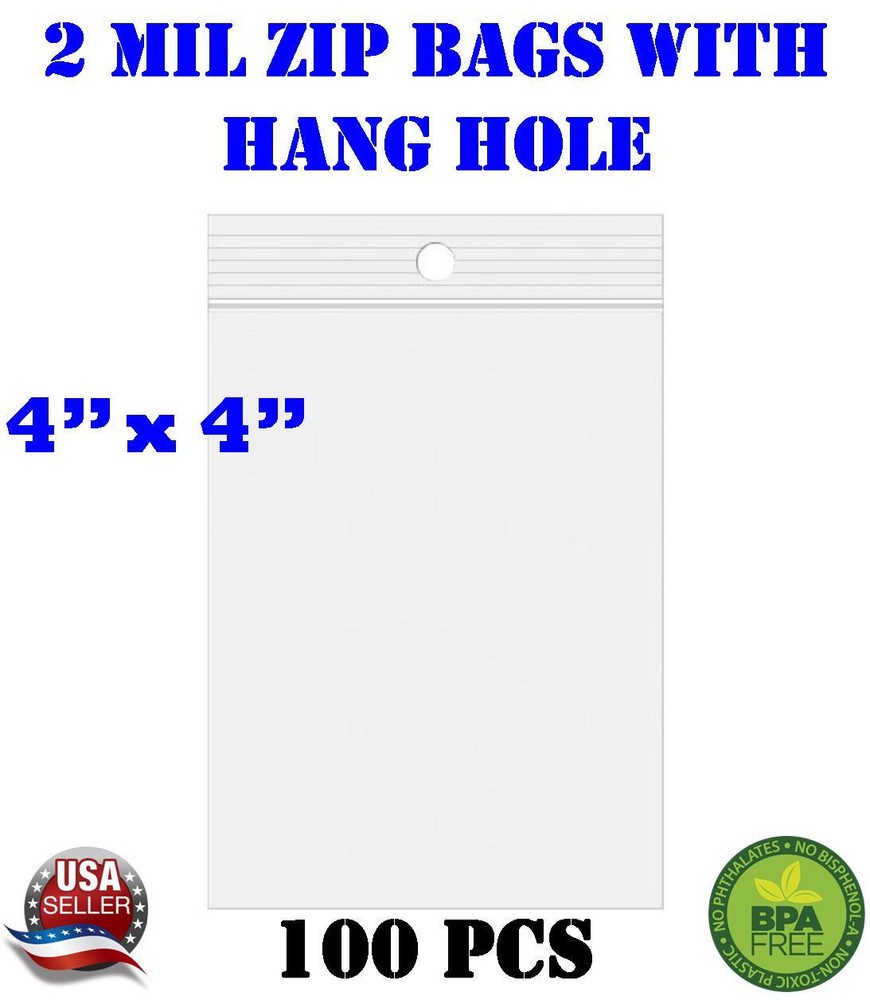 100 – 4″ x 4″ Zip Seal Reclosable 2Mil Plastic Top Lock Bags Hang Hole Jewelry
