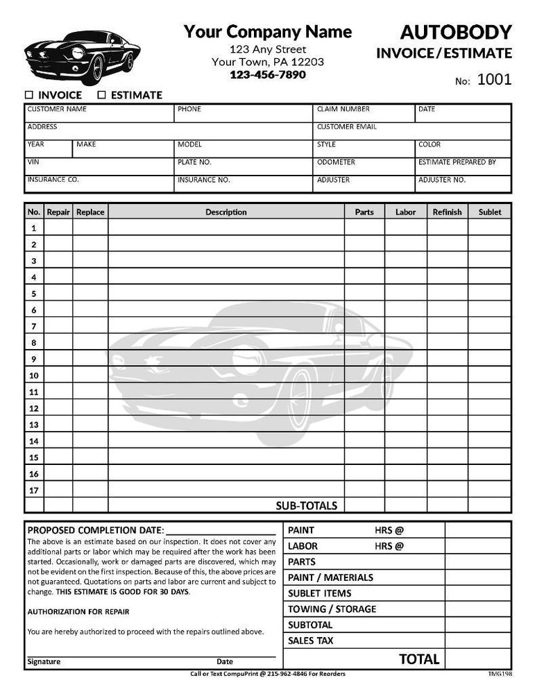 Custom Autobody Auto Body Invoice Estimate / 8.5 x 11 / 2 or 3 Part / TMG198