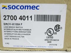 243240 New In Box; Socomec 2700-4011 AC Load Break Switch; 100A; 600V; 4-Pole