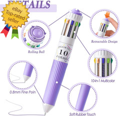 60 Colors Multicolor Pen in One, 6Pcs 10-In-1 Retractable Colored Ballpoint Pens