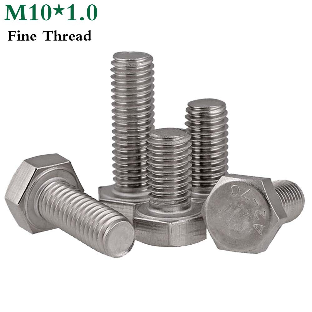 M10 1.0 Fine Thread 304 Stainless Steel Full Thread Hex Head Bolts Screws DIN933