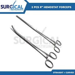 2 Pcs Set 8″ Straight + Curved Hemostat Forceps Locking Clamps German Grade