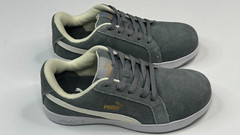 Puma Safety Icon Suede Low Gray & White Steel Toe Oil Resistant Sneaker Size 7.5