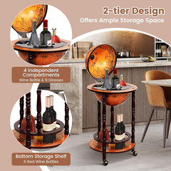 Mid-Century Retro Globe Bar Cart with Wheels & Antique World Map Design