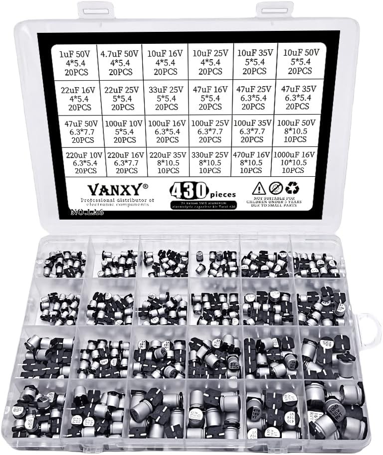 430 Pcs 1uF to 1000uF SMD Aluminum Electrolytic Capacitor Assortment Kit 10V