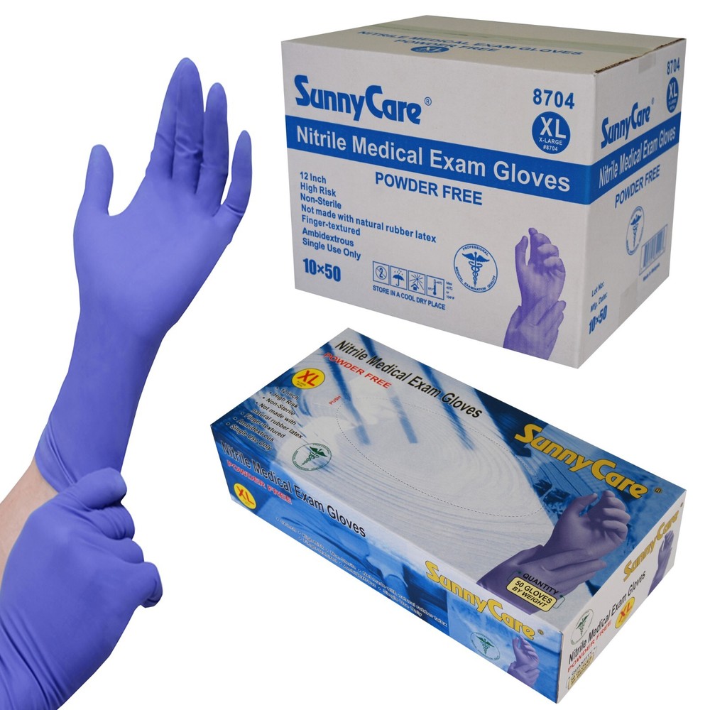 500pcs #8704 SunnyCare 12″ Nitrile Exam Glove High Risk Heavy Duty 8mil X-Largr