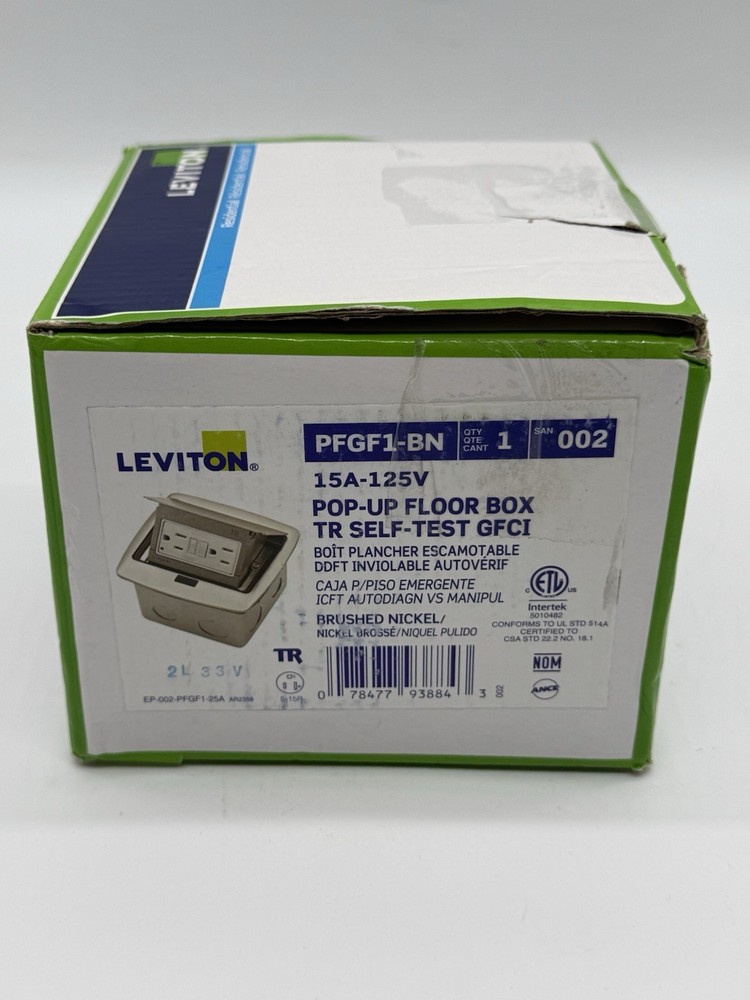 Leviton PFGF1-BN Pop-Up Floor Box TR GFCI 15A 125V Brushed Nickel Self-Test