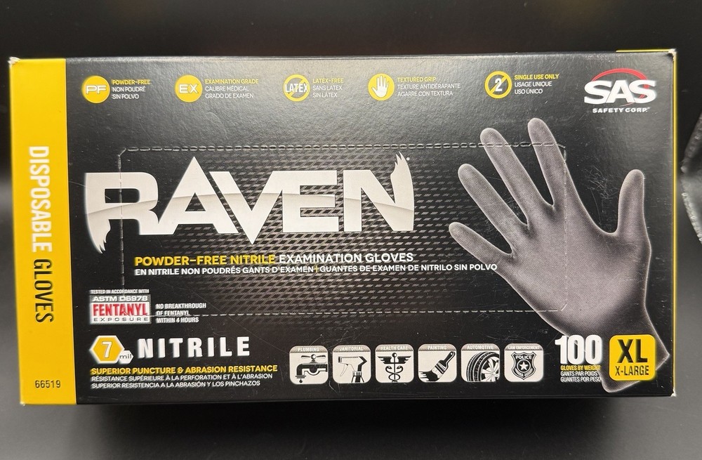 SAS Safety RAVEN Black Powder-Free Nitrile Exam Gloves XL 100ct 66519