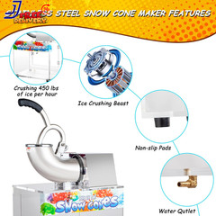 48L Snow Cone Machine 500LB/H Commercial Shaved Ice Machine 300W Electric Ice