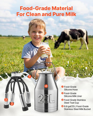 Electric Cow Milking Machine, 6.6 Gal / 25 L 304 Stainless Steel Bucket, Food-Gr