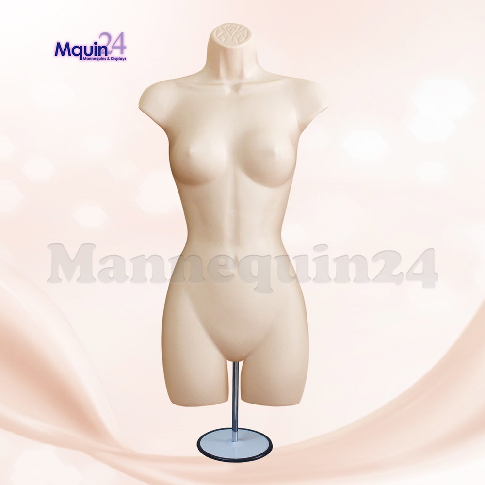 FEMALE TORSO MANNEQUIN DRESS FORM – FLESH w/ METAL STAND + HANGING HOOK