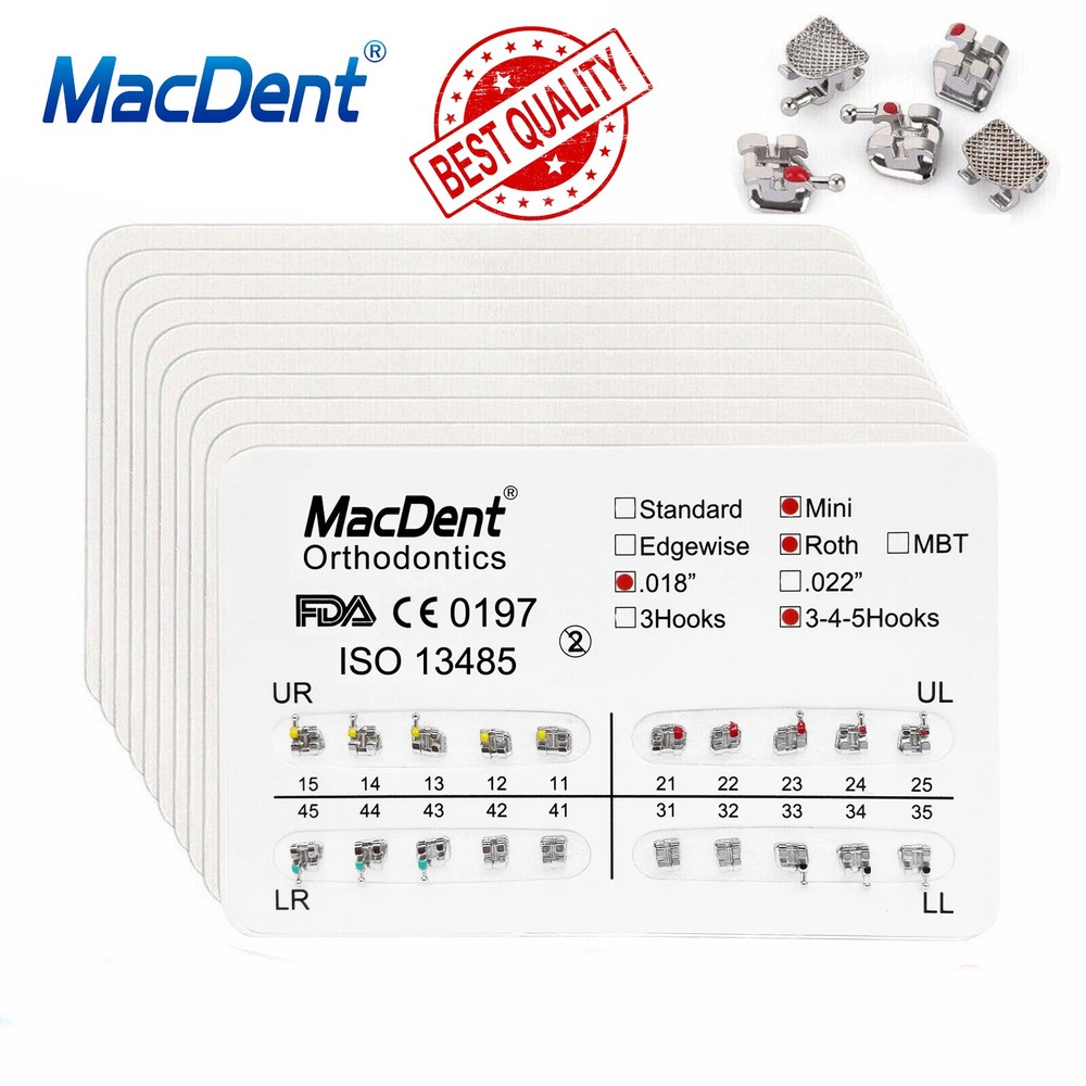MacDent Bracket de Ortodoncia Dental Estándar Roth MBT.022/018 con Ganchos 3/345