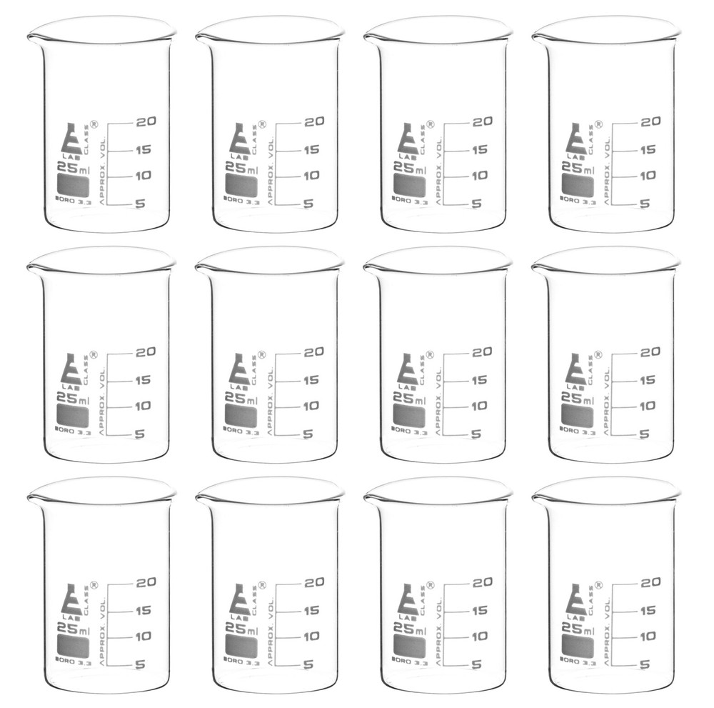 Eisco 25ml Beakers, Low Form, 5ml Graduations – Borosilicate Glass – 12 Pack