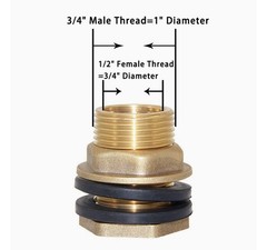 2 Pk 1/2″ NPT Female 3/4″ NPT Male Bulkhead Fitting Brass Water Tank Connector