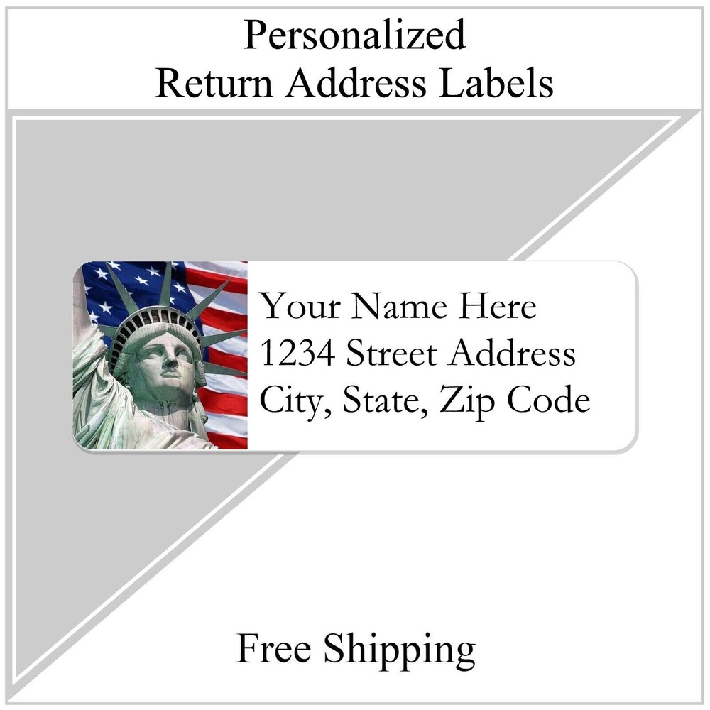 60 Return Address Labels Personalized Printed 3/4 x 2 1/4 Statue of Liberty Flag
