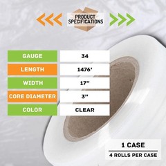 Pre-Stretch Clear Hand Wrap Film 17″ x 1476′ with Free Saver 4 Rolls
