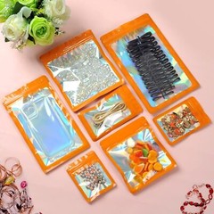 100 Pack Orange Holographic Ziplock Bags Resealable Sealable Mylar Packaging Bag