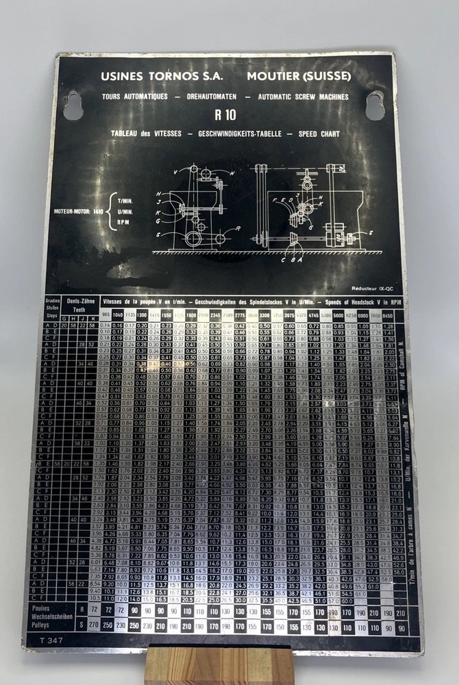 Usines Tornos R10 Speed Threading Chart Plate T347 Moutier Suisse Screw Machine