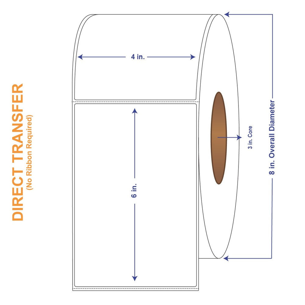 4″ x 6″ White Direct Print Thermal Labels, 1000 per roll (4 Rolls per Carton)