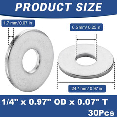 30 Pcs 1/4″ Fender Washers Stainless, 1/4″ ID X 0.97″ OD X 0.07″ Thick, Large Fe