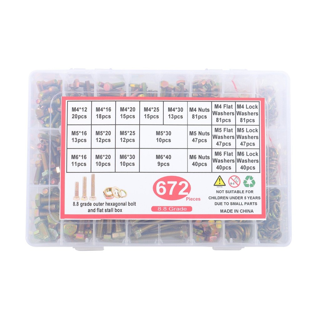 672PC Heavy Duty Metric Bolts Nuts Assortment Kit Hex Head Grade 8.8 Alloy Steel